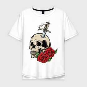 Мужская футболка хлопок Oversize с принтом Череп с розами в Петрозаводске, 100% хлопок | свободный крой, круглый ворот, “спинка” длиннее передней части | меч | розы | скелет | цветы | череп