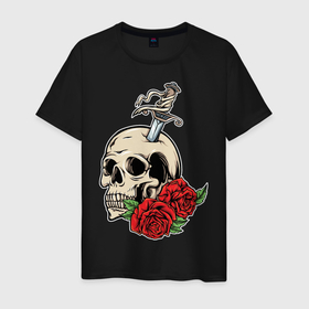 Мужская футболка хлопок с принтом Череп с розами в Курске, 100% хлопок | прямой крой, круглый вырез горловины, длина до линии бедер, слегка спущенное плечо. | меч | розы | скелет | цветы | череп