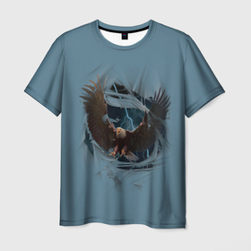Мужская футболка 3D с принтом ОРЕЛ СКВОЗЬ ТКАНЬ в Екатеринбурге, 100% полиэфир | прямой крой, круглый вырез горловины, длина до линии бедер | animal | bird | eagle | hunter | power | гордый | гроза | животные | звери | молния | мощь | орел | природа | птица | сила | хищник