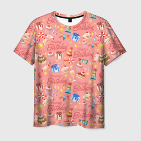 Мужская футболка 3D с принтом Happy Birthday в Тюмени, 100% полиэфир | прямой крой, круглый вырез горловины, длина до линии бедер | Тематика изображения на принте: birthday | happy birthday | holiday | день рождения | именины | подарки | праздник | торт | юбилей