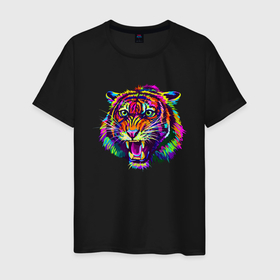 Мужская футболка хлопок с принтом Color Tiger в Курске, 100% хлопок | прямой крой, круглый вырез горловины, длина до линии бедер, слегка спущенное плечо. | 2022 | animal | cat | lion | tiger | год тигра | животные | зверь | зубы | кот | кошка | лев | охотник | полосатый | природа | тигр | тигренок | тигрица | хищник