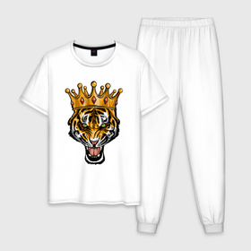 Мужская пижама хлопок с принтом Царь тигр в Кировске, 100% хлопок | брюки и футболка прямого кроя, без карманов, на брюках мягкая резинка на поясе и по низу штанин
 | 2022 | animal | cat | lion | tiger | год тигра | животные | зверь | зубы | кот | кошка | лев | охотник | полосатый | природа | тигр | тигренок | тигрица | хищник