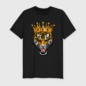 Мужская футболка хлопок Slim с принтом Царь тигр в Новосибирске, 92% хлопок, 8% лайкра | приталенный силуэт, круглый вырез ворота, длина до линии бедра, короткий рукав | 2022 | animal | cat | lion | tiger | год тигра | животные | зверь | зубы | кот | кошка | лев | охотник | полосатый | природа | тигр | тигренок | тигрица | хищник