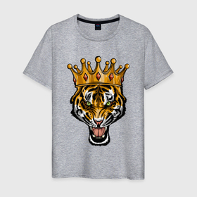 Мужская футболка хлопок с принтом Царь тигр в Новосибирске, 100% хлопок | прямой крой, круглый вырез горловины, длина до линии бедер, слегка спущенное плечо. | 2022 | animal | cat | lion | tiger | год тигра | животные | зверь | зубы | кот | кошка | лев | охотник | полосатый | природа | тигр | тигренок | тигрица | хищник