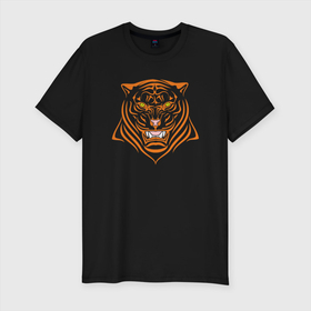 Мужская футболка хлопок Slim с принтом Orange Tiger в Новосибирске, 92% хлопок, 8% лайкра | приталенный силуэт, круглый вырез ворота, длина до линии бедра, короткий рукав | 2022 | animal | cat | lion | tiger | год тигра | животные | зверь | зубы | кот | кошка | лев | охотник | полосатый | природа | тигр | тигренок | тигрица | хищник