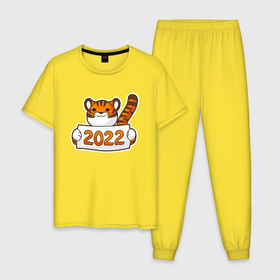 Мужская пижама хлопок с принтом 2022 - Год Тигра в Екатеринбурге, 100% хлопок | брюки и футболка прямого кроя, без карманов, на брюках мягкая резинка на поясе и по низу штанин
 | Тематика изображения на принте: 2022 | animal | cat | lion | tiger | год тигра | животные | зверь | зубы | кот | кошка | лев | новый год | охотник | полосатый | природа | рождество | тигр | тигренок | тигрица | хищник