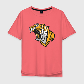 Мужская футболка хлопок Oversize с принтом Грозный Тигр в Новосибирске, 100% хлопок | свободный крой, круглый ворот, “спинка” длиннее передней части | 2022 | animal | cat | lion | tiger | год тигра | животные | зверь | зубы | кот | кошка | лев | охотник | полосатый | природа | тигр | тигренок | тигрица | хищник
