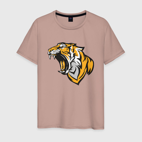 Мужская футболка хлопок с принтом Грозный Тигр в Санкт-Петербурге, 100% хлопок | прямой крой, круглый вырез горловины, длина до линии бедер, слегка спущенное плечо. | 2022 | animal | cat | lion | tiger | год тигра | животные | зверь | зубы | кот | кошка | лев | охотник | полосатый | природа | тигр | тигренок | тигрица | хищник