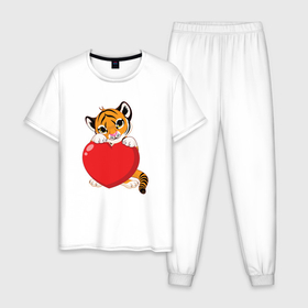 Мужская пижама хлопок с принтом Tiger Love в Петрозаводске, 100% хлопок | брюки и футболка прямого кроя, без карманов, на брюках мягкая резинка на поясе и по низу штанин
 | Тематика изображения на принте: 2022 | animal | cat | heart | lion | love | tiger | год тигра | животные | зверь | зубы | кот | кошка | лев | люблю | любовь | охотник | полосатый | природа | сердце | тигр | тигренок | тигрица | хищник