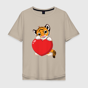 Мужская футболка хлопок Oversize с принтом Tiger Love в Екатеринбурге, 100% хлопок | свободный крой, круглый ворот, “спинка” длиннее передней части | Тематика изображения на принте: 2022 | animal | cat | heart | lion | love | tiger | год тигра | животные | зверь | зубы | кот | кошка | лев | люблю | любовь | охотник | полосатый | природа | сердце | тигр | тигренок | тигрица | хищник