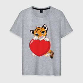 Мужская футболка хлопок с принтом Tiger Love в Екатеринбурге, 100% хлопок | прямой крой, круглый вырез горловины, длина до линии бедер, слегка спущенное плечо. | 2022 | animal | cat | heart | lion | love | tiger | год тигра | животные | зверь | зубы | кот | кошка | лев | люблю | любовь | охотник | полосатый | природа | сердце | тигр | тигренок | тигрица | хищник
