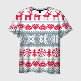Мужская футболка 3D с принтом Вязаный рисунок в Курске, 100% полиэфир | прямой крой, круглый вырез горловины, длина до линии бедер | арт | вязаный рисунок | вязь | любовь | новый год | ночь | олени | олень | рисунок | рождество | сердечки | сердечко | сердце | снег | снеговик | снеговики | снежинка | снежинки
