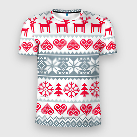 Мужская футболка 3D спортивная с принтом Вязаный рисунок в Тюмени, 100% полиэстер с улучшенными характеристиками | приталенный силуэт, круглая горловина, широкие плечи, сужается к линии бедра | арт | вязаный рисунок | вязь | любовь | новый год | ночь | олени | олень | рисунок | рождество | сердечки | сердечко | сердце | снег | снеговик | снеговики | снежинка | снежинки