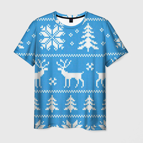 Мужская футболка 3D с принтом Зимняя ночь в Тюмени, 100% полиэфир | прямой крой, круглый вырез горловины, длина до линии бедер | Тематика изображения на принте: арт | вязаный рисунок | вязь | ёлка | ёлки | ель | лес | новый год | ночь | олени | олень | рисунок | рождество | снег | снеговик | снеговики | снежинка | снежинки