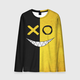 Мужской лонгслив 3D с принтом Yellow and black smile в Новосибирске, 100% полиэстер | длинные рукава, круглый вырез горловины, полуприлегающий силуэт | emoji | smile | глаза крестики | злой смайл | злой смайлик | зубы | контраст | крестики | подарок | пятна | смайл | смайлик | улыбка | эмоджи | эмоция