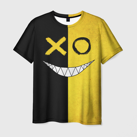 Мужская футболка 3D с принтом Yellow and black smile в Белгороде, 100% полиэфир | прямой крой, круглый вырез горловины, длина до линии бедер | emoji | smile | глаза крестики | злой смайл | злой смайлик | зубы | контраст | крестики | подарок | пятна | смайл | смайлик | улыбка | эмоджи | эмоция
