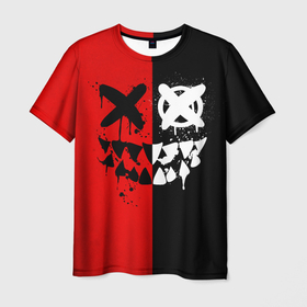 Мужская футболка 3D с принтом Smail Black and red в Екатеринбурге, 100% полиэфир | прямой крой, круглый вырез горловины, длина до линии бедер | emoji | smile | глаза крестики | злой смайл | злой смайлик | зубы | контраст | крестики | подарок | пятна | смайл | смайлик | улыбка | эмоджи | эмоция
