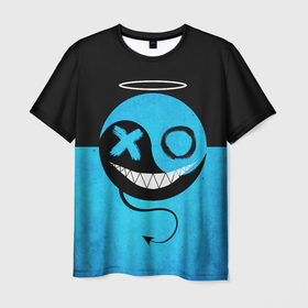 Мужская футболка 3D с принтом Smail Blue в Санкт-Петербурге, 100% полиэфир | прямой крой, круглый вырез горловины, длина до линии бедер | emoji | smile | глаза крестики | злой смайл | злой смайлик | зубы | контраст | крестики | подарок | пятна | смайл | смайлик | улыбка | эмоджи | эмоция