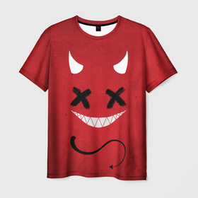 Мужская футболка 3D с принтом Red Evil Smile в Белгороде, 100% полиэфир | прямой крой, круглый вырез горловины, длина до линии бедер | emoji | smile | глаза крестики | злой смайл | злой смайлик | зубы | контраст | крестики | подарок | пятна | смайл | смайлик | улыбка | эмоджи | эмоция