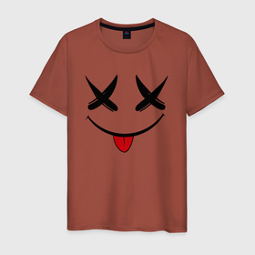 Мужская футболка хлопок с принтом Playful smile в Екатеринбурге, 100% хлопок | прямой крой, круглый вырез горловины, длина до линии бедер, слегка спущенное плечо. | emoji | smile | глаза крестики | злой смайл | злой смайлик | зубы | контраст | крестики | подарок | пятна | смайл | смайлик | улыбка | эмоджи | эмоция