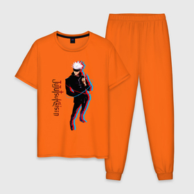 Мужская пижама хлопок с принтом Магическая битва Годжо Сатору в Новосибирске, 100% хлопок | брюки и футболка прямого кроя, без карманов, на брюках мягкая резинка на поясе и по низу штанин
 | anime | gojo satoru | jujutsu kaisen | manga | sorsery fight | аниме | аниме мальчик | глупая повязка | годжо сатору | джутсу кайсен | дзюдзюцу кайсэн | маг | магическая битва | манга | проклятия | с повязкой на глазах