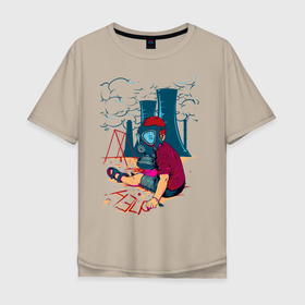 Мужская футболка хлопок Oversize с принтом мальчик в противогазе в Санкт-Петербурге, 100% хлопок | свободный крой, круглый ворот, “спинка” длиннее передней части | грязный воздух | мальчик | противогаз | экология | экология жизни