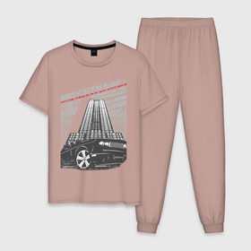 Мужская пижама хлопок с принтом черный автомобиль в Новосибирске, 100% хлопок | брюки и футболка прямого кроя, без карманов, на брюках мягкая резинка на поясе и по низу штанин
 | Тематика изображения на принте: автомобиль | город | классная тачка | модный тюнинг | черный автомобиль