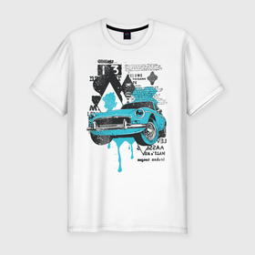 Мужская футболка хлопок Slim с принтом Vintage Cars в Курске, 92% хлопок, 8% лайкра | приталенный силуэт, круглый вырез ворота, длина до линии бедра, короткий рукав | vintage cars | автомобиль | краска на машине | машина ретро | тачка