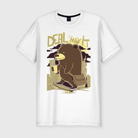 Мужская футболка хлопок Slim с принтом медведь на скейтборде , 92% хлопок, 8% лайкра | приталенный силуэт, круглый вырез ворота, длина до линии бедра, короткий рукав | Тематика изображения на принте: кофе | медведь | медведь гуляет | потягивающий чашку | скейтборд