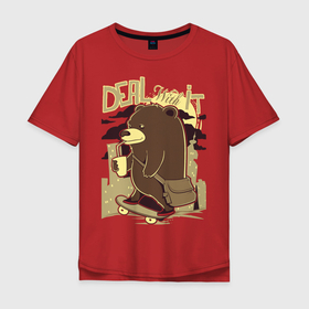 Мужская футболка хлопок Oversize с принтом медведь на скейтборде , 100% хлопок | свободный крой, круглый ворот, “спинка” длиннее передней части | Тематика изображения на принте: кофе | медведь | медведь гуляет | потягивающий чашку | скейтборд