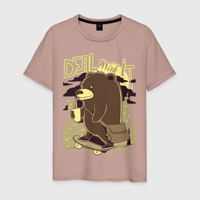 Мужская футболка хлопок с принтом медведь на скейтборде , 100% хлопок | прямой крой, круглый вырез горловины, длина до линии бедер, слегка спущенное плечо. | Тематика изображения на принте: кофе | медведь | медведь гуляет | потягивающий чашку | скейтборд
