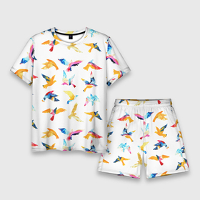 Мужской костюм с шортами 3D с принтом акварельные птицы в Кировске,  |  | акварель | голубь | гуашь | кисть | крылья | орёл | перья | полёт | птицы