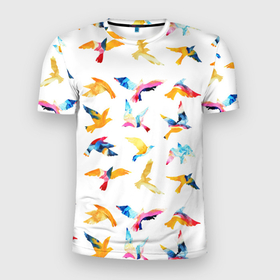 Мужская футболка 3D Slim с принтом акварельные птицы в Белгороде, 100% полиэстер с улучшенными характеристиками | приталенный силуэт, круглая горловина, широкие плечи, сужается к линии бедра | акварель | голубь | гуашь | кисть | крылья | орёл | перья | полёт | птицы