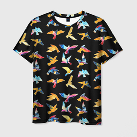 Мужская футболка 3D с принтом парящие акварельные птицы в Белгороде, 100% полиэфир | прямой крой, круглый вырез горловины, длина до линии бедер | акварель | вечеринка | голубь | гуашь | диджей | диско | кисть | клуб | крылья | орёл | перья | полёт | птицы