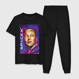 Мужская пижама хлопок с принтом Илон Маск и его детище в Санкт-Петербурге, 100% хлопок | брюки и футболка прямого кроя, без карманов, на брюках мягкая резинка на поясе и по низу штанин
 | celebrity | elon musk | genius | revolutionary | space x | гений | знаменитость | илон маск | революционер