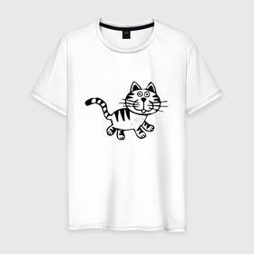 Мужская футболка хлопок с принтом Черный кот  в Тюмени, 100% хлопок | прямой крой, круглый вырез горловины, длина до линии бедер, слегка спущенное плечо. | black cat | cat | mustache | tail | кошка | усы . хвост | черный кот
