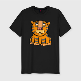 Мужская футболка хлопок Slim с принтом Funny Tiger в Новосибирске, 92% хлопок, 8% лайкра | приталенный силуэт, круглый вырез ворота, длина до линии бедра, короткий рукав | Тематика изображения на принте: 2022 | animal | cat | lion | tiger | год тигра | животные | зверь | зубы | кот | кошка | лев | охотник | полосатый | природа | тигр | тигренок | тигрица | хищник