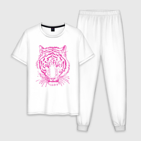 Мужская пижама хлопок с принтом Pink Tiger в Новосибирске, 100% хлопок | брюки и футболка прямого кроя, без карманов, на брюках мягкая резинка на поясе и по низу штанин
 | 2022 | animal | cat | lion | tiger | год тигра | животные | зверь | зубы | кот | кошка | лев | охотник | полосатый | природа | тигр | тигренок | тигрица | хищник