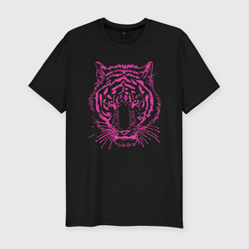 Мужская футболка хлопок Slim с принтом Pink Tiger в Новосибирске, 92% хлопок, 8% лайкра | приталенный силуэт, круглый вырез ворота, длина до линии бедра, короткий рукав | 2022 | animal | cat | lion | tiger | год тигра | животные | зверь | зубы | кот | кошка | лев | охотник | полосатый | природа | тигр | тигренок | тигрица | хищник