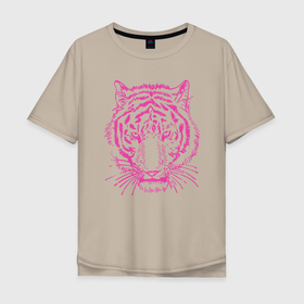Мужская футболка хлопок Oversize с принтом Pink Tiger в Санкт-Петербурге, 100% хлопок | свободный крой, круглый ворот, “спинка” длиннее передней части | Тематика изображения на принте: 2022 | animal | cat | lion | tiger | год тигра | животные | зверь | зубы | кот | кошка | лев | охотник | полосатый | природа | тигр | тигренок | тигрица | хищник