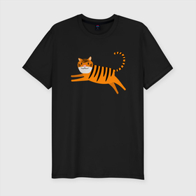Мужская футболка хлопок Slim с принтом Jumping Tiger в Белгороде, 92% хлопок, 8% лайкра | приталенный силуэт, круглый вырез ворота, длина до линии бедра, короткий рукав | 2022 | animal | cat | lion | tiger | год тигра | животные | зверь | зубы | кот | кошка | лев | охотник | полосатый | природа | тигр | тигренок | тигрица | хищник