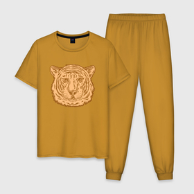 Мужская пижама хлопок с принтом Coffee Tiger в Курске, 100% хлопок | брюки и футболка прямого кроя, без карманов, на брюках мягкая резинка на поясе и по низу штанин
 | Тематика изображения на принте: 2022 | animal | cat | lion | tiger | год тигра | животные | зверь | зубы | кот | кошка | лев | охотник | полосатый | природа | тигр | тигренок | тигрица | хищник