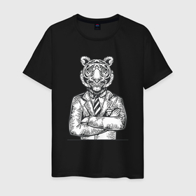 Мужская футболка хлопок с принтом Модный Тигр в Екатеринбурге, 100% хлопок | прямой крой, круглый вырез горловины, длина до линии бедер, слегка спущенное плечо. | 2022 | animal | cat | lion | tiger | год тигра | животные | зверь | зубы | кот | кошка | лев | охотник | полосатый | природа | тигр | тигренок | тигрица | хищник