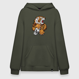 Худи SuperOversize хлопок с принтом Tiger Skull , 70% хлопок, 30% полиэстер, мягкий начес внутри | карман-кенгуру, эластичная резинка на манжетах и по нижней кромке, двухслойный капюшон
 | 2022 | animal | cat | lion | tiger | год тигра | животные | зверь | зубы | кот | кошка | лев | охотник | полосатый | природа | тигр | тигренок | тигрица | хищник