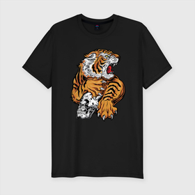 Мужская футболка хлопок Slim с принтом Tiger Skull в Тюмени, 92% хлопок, 8% лайкра | приталенный силуэт, круглый вырез ворота, длина до линии бедра, короткий рукав | 2022 | animal | cat | lion | tiger | год тигра | животные | зверь | зубы | кот | кошка | лев | охотник | полосатый | природа | тигр | тигренок | тигрица | хищник