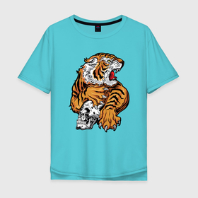 Мужская футболка хлопок Oversize с принтом Tiger Skull в Тюмени, 100% хлопок | свободный крой, круглый ворот, “спинка” длиннее передней части | 2022 | animal | cat | lion | tiger | год тигра | животные | зверь | зубы | кот | кошка | лев | охотник | полосатый | природа | тигр | тигренок | тигрица | хищник