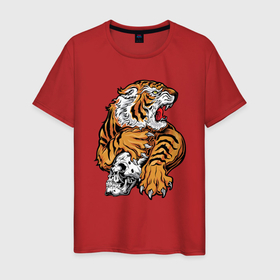Мужская футболка хлопок с принтом Tiger Skull в Санкт-Петербурге, 100% хлопок | прямой крой, круглый вырез горловины, длина до линии бедер, слегка спущенное плечо. | 2022 | animal | cat | lion | tiger | год тигра | животные | зверь | зубы | кот | кошка | лев | охотник | полосатый | природа | тигр | тигренок | тигрица | хищник