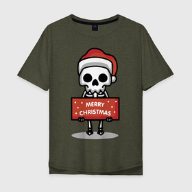 Мужская футболка хлопок Oversize с принтом Merry Christmas joke в Санкт-Петербурге, 100% хлопок | свободный крой, круглый ворот, “спинка” длиннее передней части | holiday | joke | merry christmas | new year | poster | skeleton | skull | новый год | постер | праздник | рождество | скелет | череп | шутка