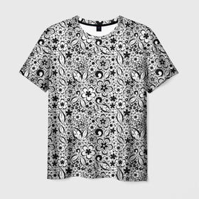 Мужская футболка 3D с принтом Черное кружево цветочное в Санкт-Петербурге, 100% полиэфир | прямой крой, круглый вырез горловины, длина до линии бедер | абстрактный | ажурный | ажурный узор | детский | для женщин | монохромный | цветочный узор | черно белый | черное кружево