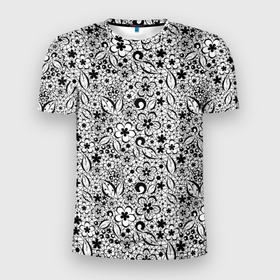 Мужская футболка 3D Slim с принтом Черное кружево цветочное в Новосибирске, 100% полиэстер с улучшенными характеристиками | приталенный силуэт, круглая горловина, широкие плечи, сужается к линии бедра | абстрактный | ажурный | ажурный узор | детский | для женщин | монохромный | цветочный узор | черно белый | черное кружево